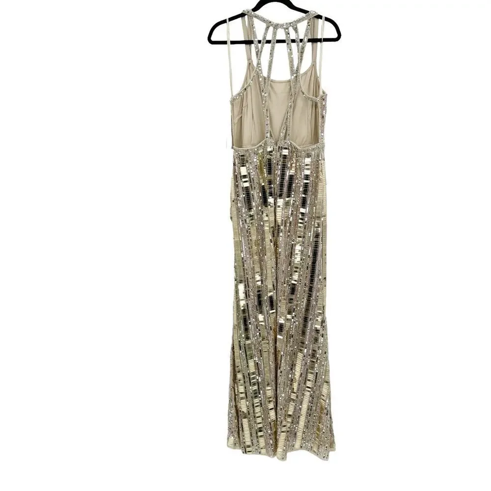 Mac Duggal Bead-Embellished Detail Halter Neck Gown Gold/ Silver Size 14 NWT - Picture 11 of 12